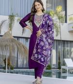 Women's Gorgeous Embroidery Work Chanderi Cotton Fabric Straight Kurta Pant and Dupatta Set