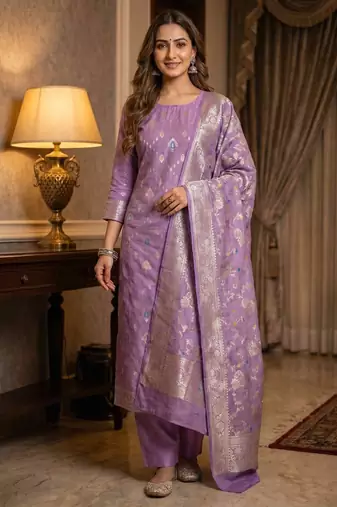 Banarasi semi silk 3pcs unstiched dress material in purple colour with  zari booti work