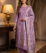 Banarasi semi silk 3pcs unstiched dress material in purple colour with  zari booti work