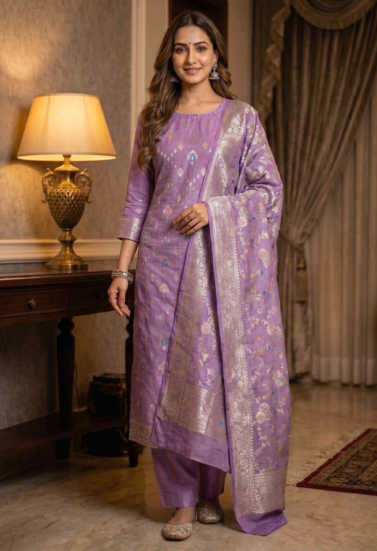 Banarasi semi silk 3pcs unstiched dress material in purple colour with  zari booti work