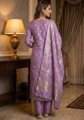 Banarasi semi silk 3pcs unstiched dress material in purple colour with  zari booti work 2