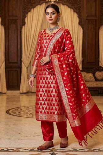 Banarasi semi silk 3pcs unstiched dress material in red colour with brocade zari work