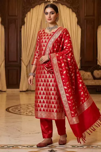 Banarasi semi silk 3pcs unstiched dress material in red colour with brocade zari work