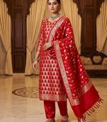Banarasi semi silk 3pcs unstiched dress material in red colour with brocade zari work