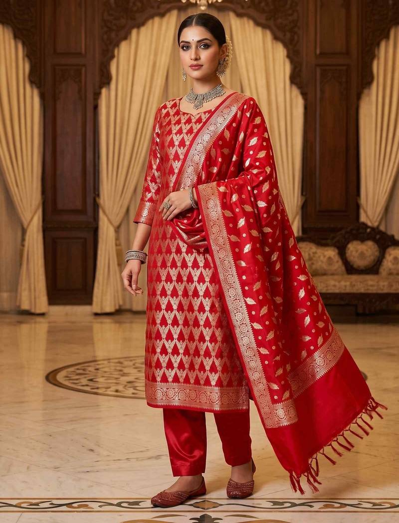 Banarasi semi silk 3pcs unstiched dress material in red colour with brocade zari work