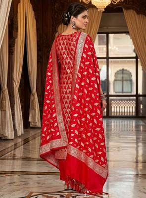 Banarasi semi silk 3pcs unstiched dress material in red colour with brocade zari work 2