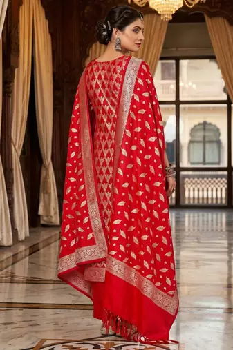 Banarasi semi silk 3pcs unstiched dress material in red colour with brocade zari work