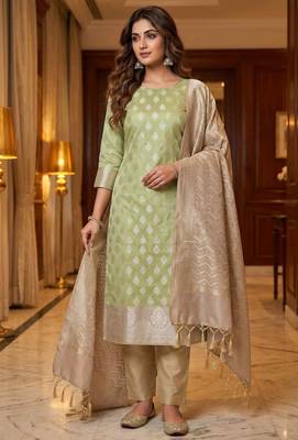 Banarasi semi silk 3pcs unstiched dress material in pista green colour with zari booti work 1