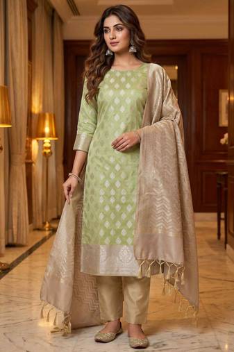 Banarasi semi silk 3pcs unstiched dress material in pista green colour with zari booti work