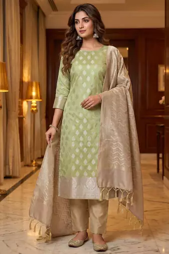 Banarasi semi silk 3pcs unstiched dress material in pista green colour with zari booti work