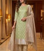 Banarasi semi silk 3pcs unstiched dress material in pista green colour with zari booti work