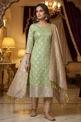 Banarasi semi silk 3pcs unstiched dress material in pista green colour with zari booti work
