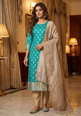Banarasi semi silk 3pcs unstiched dress material in turquoise colour with zari booti work 1