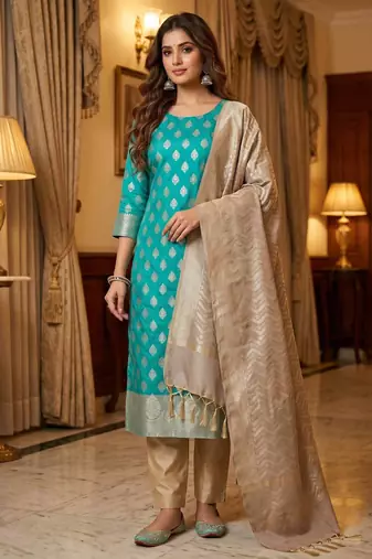 Banarasi semi silk 3pcs unstiched dress material in turquoise colour with zari booti work