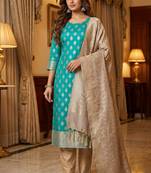 Banarasi semi silk 3pcs unstiched dress material in turquoise colour with zari booti work