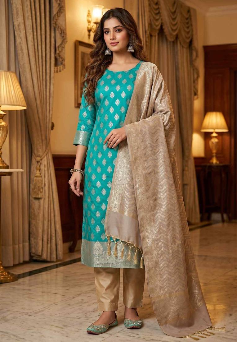 Banarasi semi silk 3pcs unstiched dress material in turquoise colour with zari booti work
