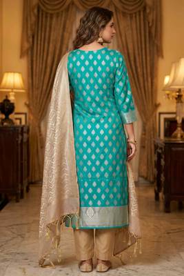 Banarasi semi silk 3pcs unstiched dress material in turquoise colour with zari booti work 2