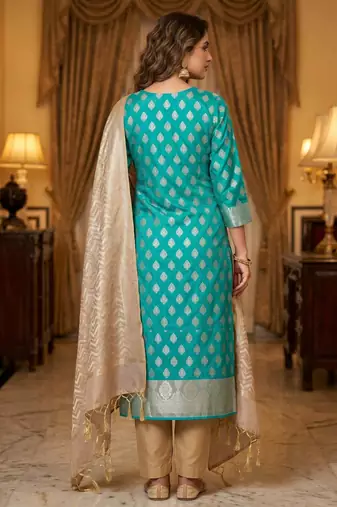 Banarasi semi silk 3pcs unstiched dress material in turquoise colour with zari booti work
