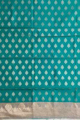 Banarasi semi silk 3pcs unstiched dress material in turquoise colour with zari booti work 3