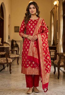 Banarasi semi silk 3pcs unstiched dress material in red colour with zari booti work 1