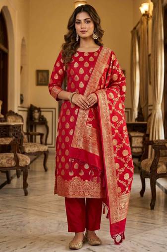 Banarasi semi silk 3pcs unstiched dress material in red colour with zari booti work