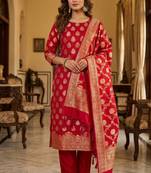 Banarasi semi silk 3pcs unstiched dress material in red colour with zari booti work