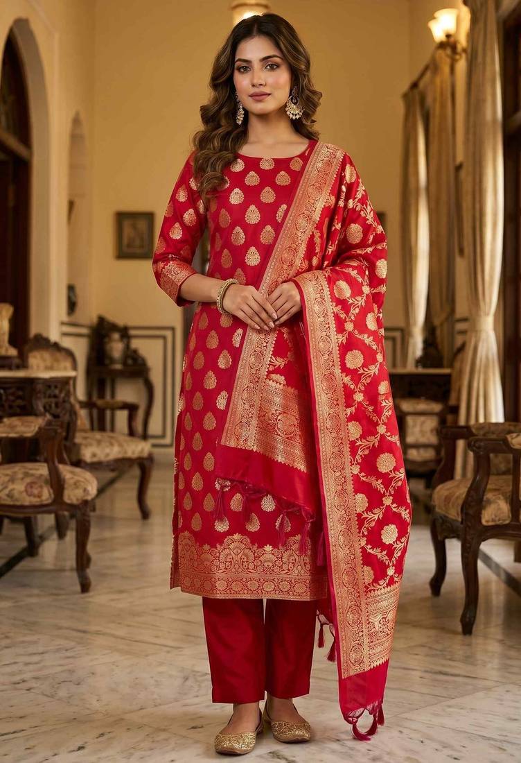 Banarasi semi silk 3pcs unstiched dress material in red colour with zari booti work