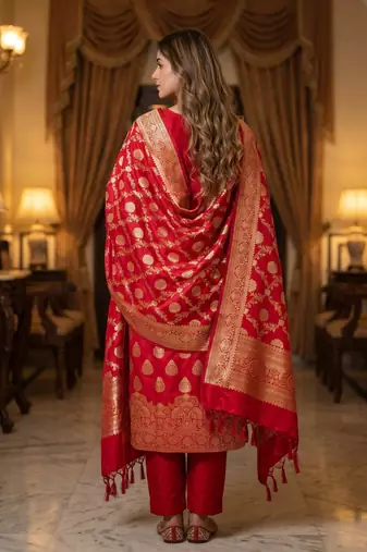 Banarasi semi silk 3pcs unstiched dress material in red colour with zari booti work