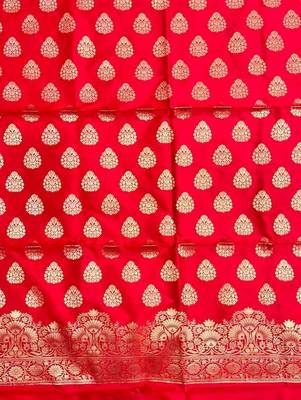 Banarasi semi silk 3pcs unstiched dress material in red colour with zari booti work 3