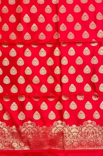 Banarasi semi silk 3pcs unstiched dress material in red colour with zari booti work