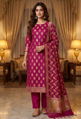 Banarasi cotton semi silk 3pcs unstiched dress material in magenta colour with minakari & zari booti work 1