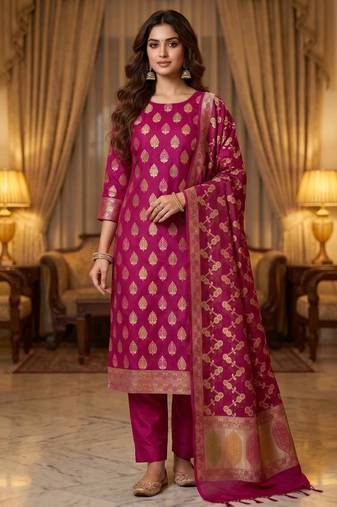 Banarasi cotton semi silk 3pcs unstiched dress material in magenta colour with minakari & zari booti work