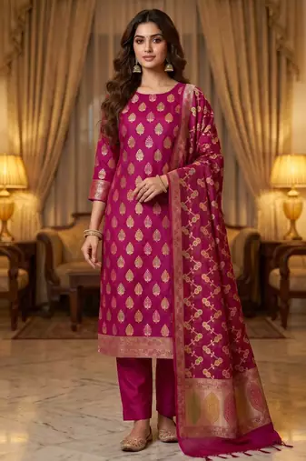 Banarasi cotton semi silk 3pcs unstiched dress material in magenta colour with minakari & zari booti work