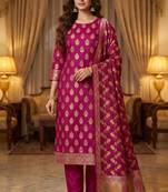Banarasi cotton semi silk 3pcs unstiched dress material in magenta colour with minakari & zari booti work
