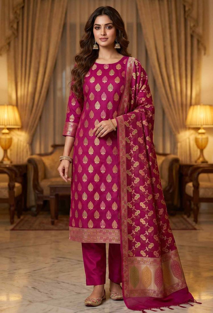 Banarasi cotton semi silk 3pcs unstiched dress material in magenta colour with minakari & zari booti work