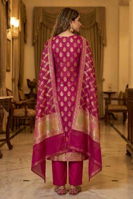 Banarasi cotton semi silk 3pcs unstiched dress material in magenta colour with minakari & zari booti work 2