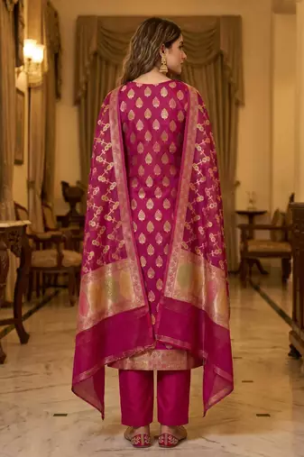 Banarasi cotton semi silk 3pcs unstiched dress material in magenta colour with minakari & zari booti work