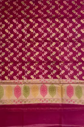 Banarasi cotton semi silk 3pcs unstiched dress material in magenta colour with minakari & zari booti work