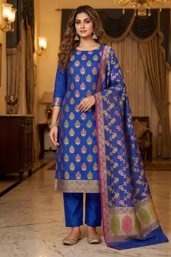 Banarasi cotton semi silk 3pcs unstiched dress material in blue colour with minakari & zari booti work
