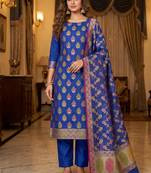 Banarasi cotton semi silk 3pcs unstiched dress material in blue colour with minakari & zari booti work