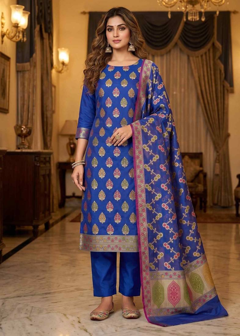 Banarasi cotton semi silk 3pcs unstiched dress material in blue colour with minakari & zari booti work