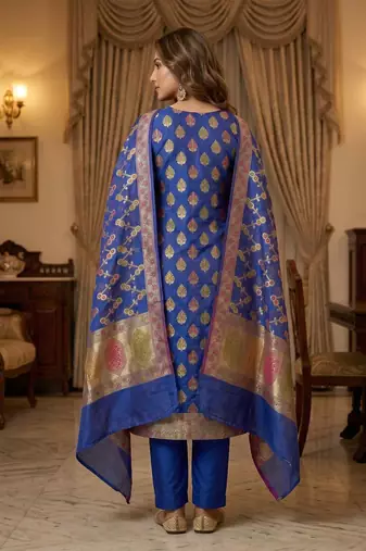 Banarasi cotton semi silk 3pcs unstiched dress material in blue colour with minakari & zari booti work