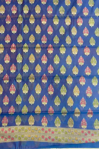 Banarasi cotton semi silk 3pcs unstiched dress material in blue colour with minakari & zari booti work