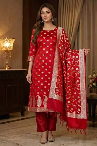 Banarasi mashru silk 3pcs unstiched dress material in red colour with floral zari work