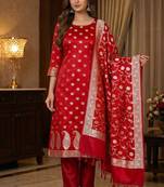Banarasi mashru silk 3pcs unstiched dress material in red colour with floral zari work
