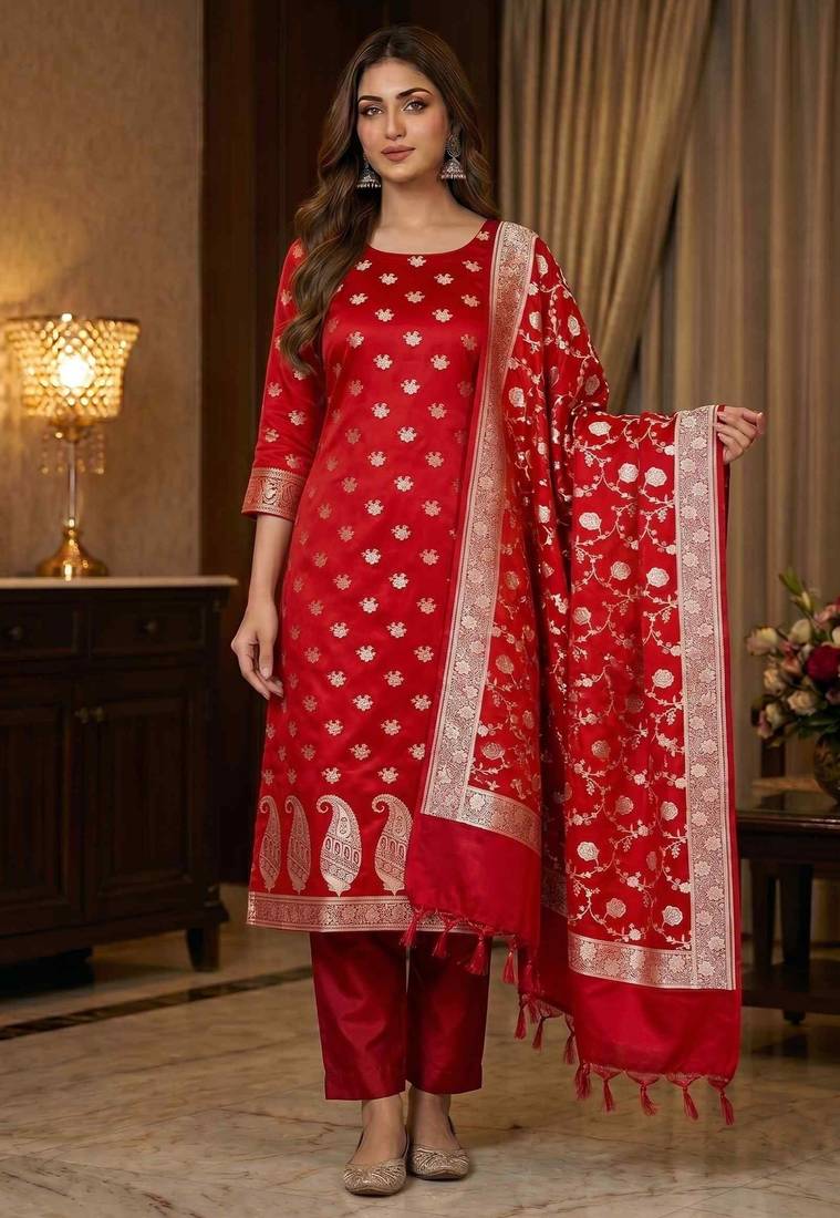 Banarasi mashru silk 3pcs unstiched dress material in red colour with floral zari work