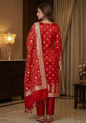 Banarasi mashru silk 3pcs unstiched dress material in red colour with floral zari work 2