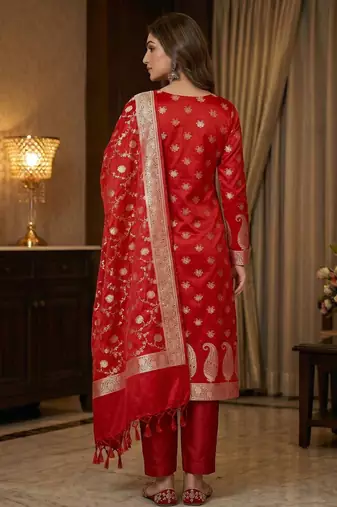 Banarasi mashru silk 3pcs unstiched dress material in red colour with floral zari work