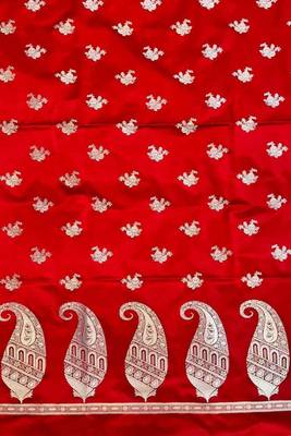 Banarasi mashru silk 3pcs unstiched dress material in red colour with floral zari work 3
