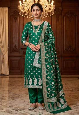 Banarasi mashru silk 3pcs unstiched dress material in bottle green colour with floral zari work 1